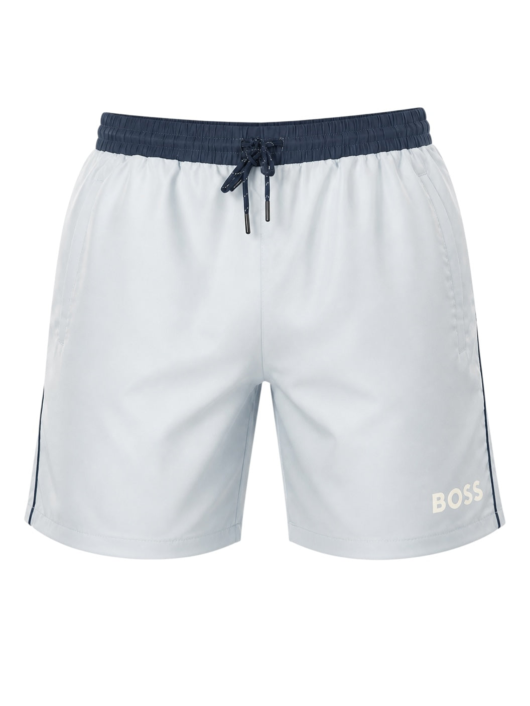 picknpack BOSS light grey swim shorts with a navy elasticated drawstring waistband and side logo detail