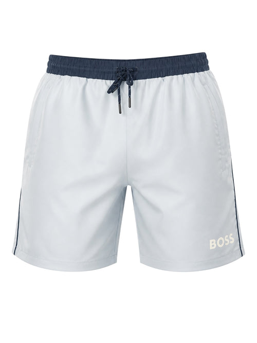 picknpack BOSS light grey swim shorts with a navy elasticated drawstring waistband and side logo detail