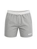 picknpack BOSS grey swim shorts with white elastic waistband, drawstring closure, and side stripe detail.