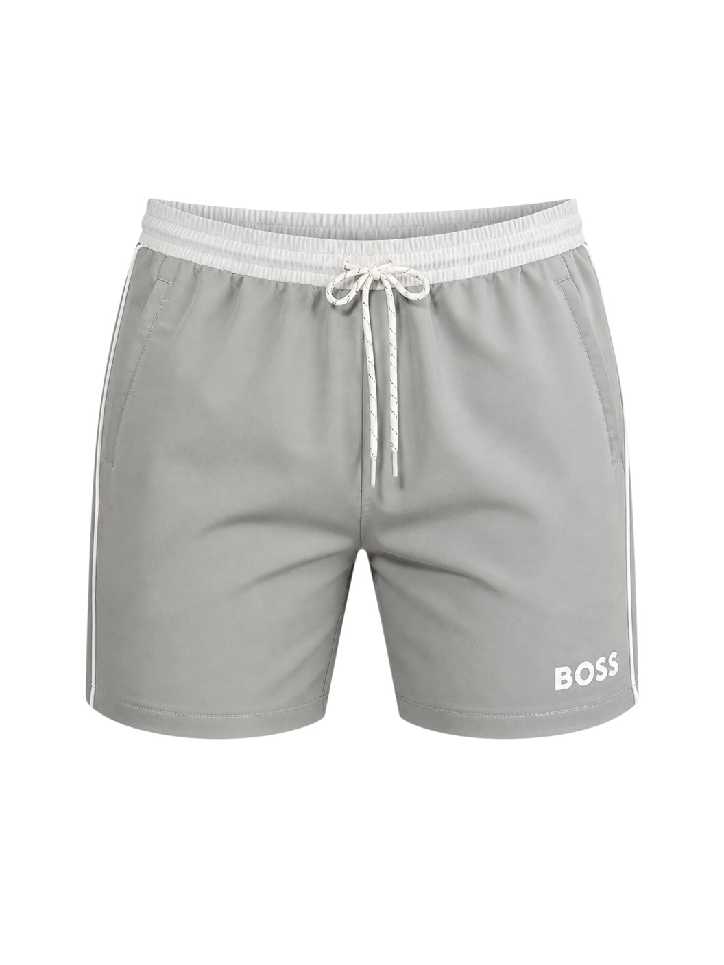 picknpack BOSS grey swim shorts with white elastic waistband, drawstring closure, and side stripe detail.