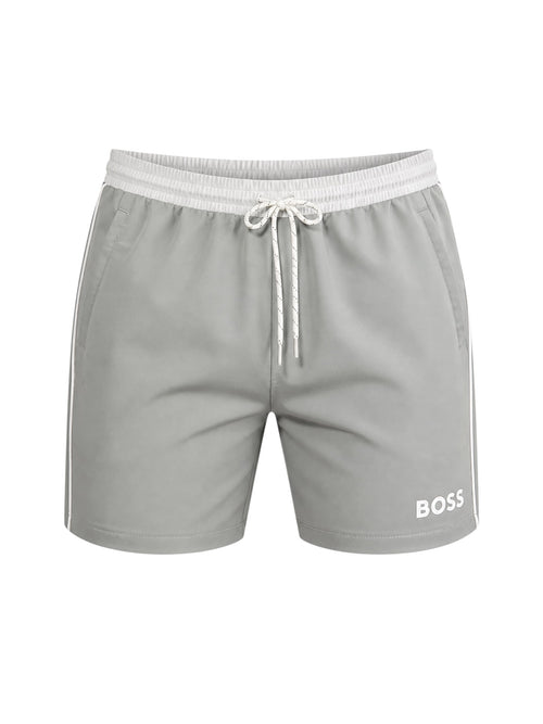 picknpack BOSS grey swim shorts with white elastic waistband, drawstring closure, and side stripe detail.