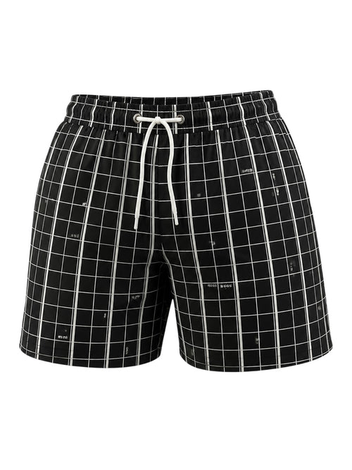 picknpack BOSS black and white grid pattern swim shorts with an elasticated waistband and white drawstring