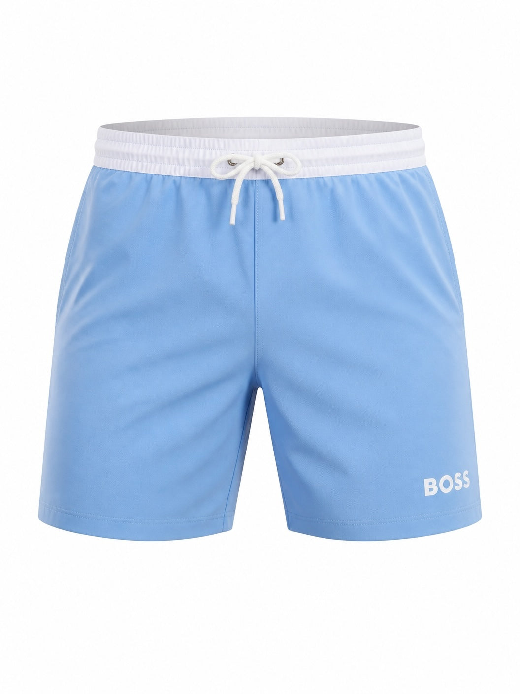 picknpack BOSS light blue swim shorts with a white drawstring waistband and logo detail on the leg