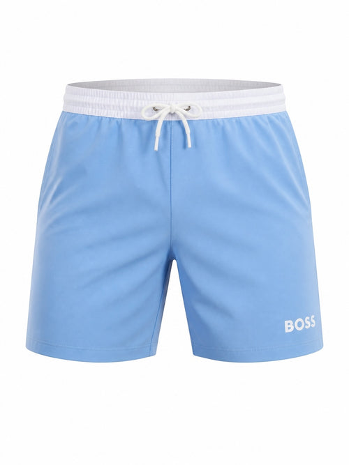 picknpack BOSS light blue swim shorts with a white drawstring waistband and logo detail on the leg