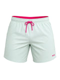 picknpack BOSS mint green swim shorts with an elastic waistband, pink drawstring, and embroidered logo on the leg.