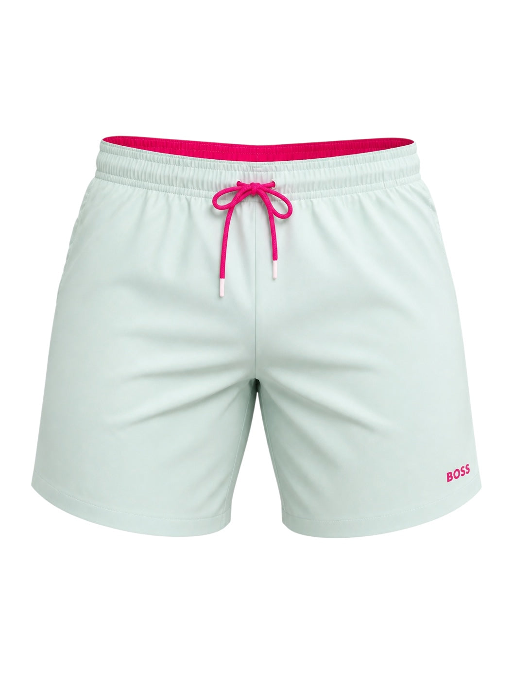 picknpack BOSS mint green swim shorts with an elastic waistband, pink drawstring, and embroidered logo on the leg.