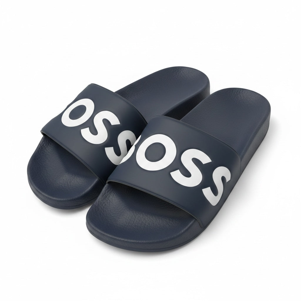picknpack BOSS navy blue synthetic pool slides with a white logo print on the wide strap and a contoured footbed.