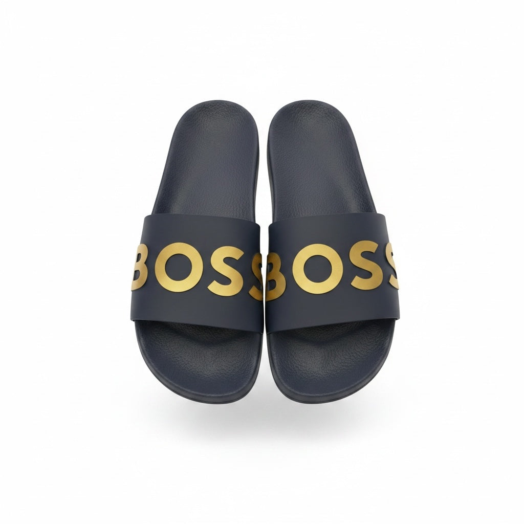 picknpack BOSS dark navy slide sandals with bold metallic gold embossed logo on the strap and contoured footbed