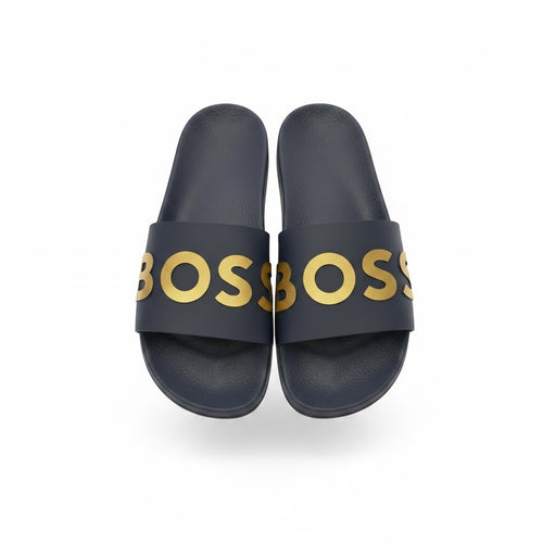picknpack BOSS dark navy slide sandals with bold metallic gold embossed logo on the strap and contoured footbed