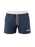 picknpack BOSS navy swim shorts with a white elasticated waistband, drawstring, and logo detail on the leg.