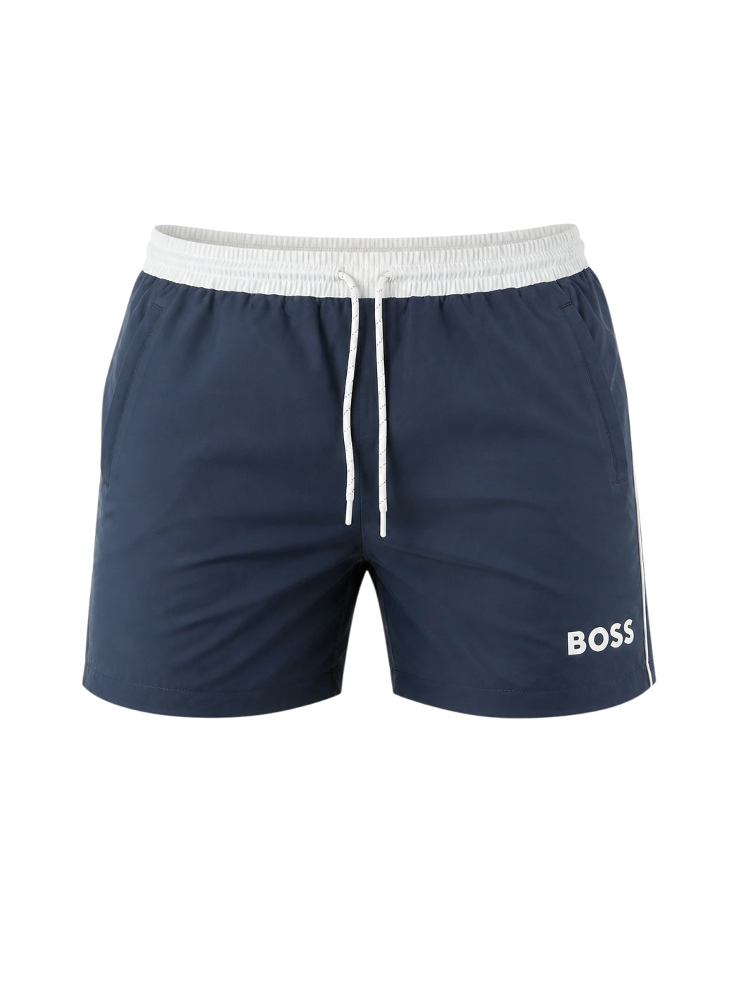 picknpack BOSS navy swim shorts with a white elasticated waistband, drawstring, and logo detail on the leg.