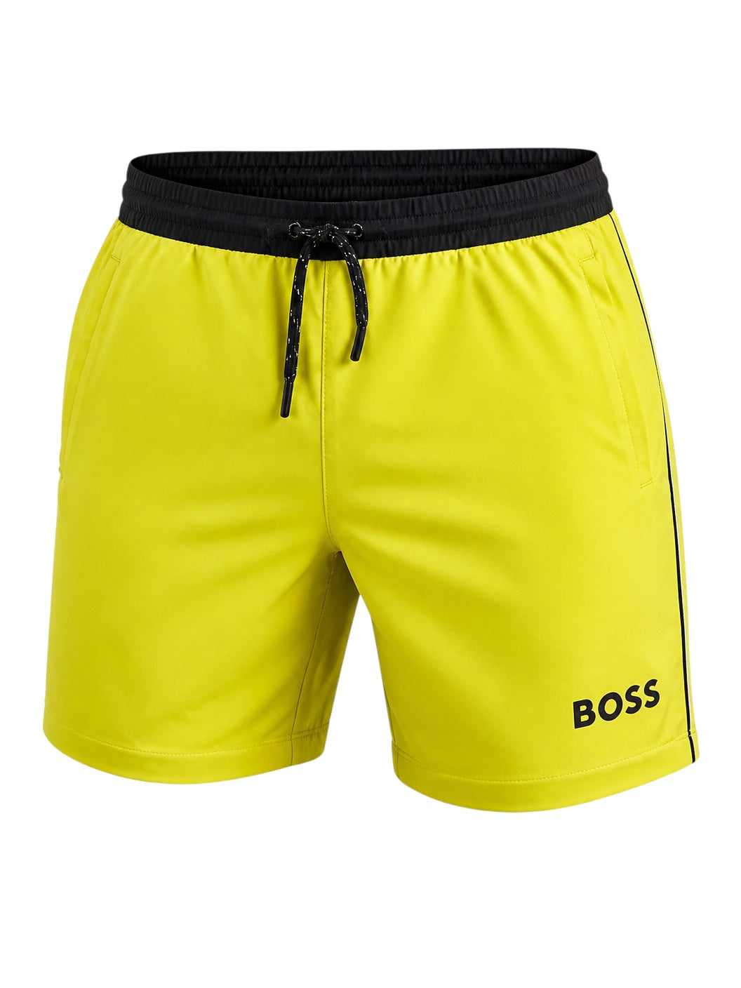 picknpack BOSS neon yellow athletic swim shorts with a black elastic drawstring waistband and side piping detail