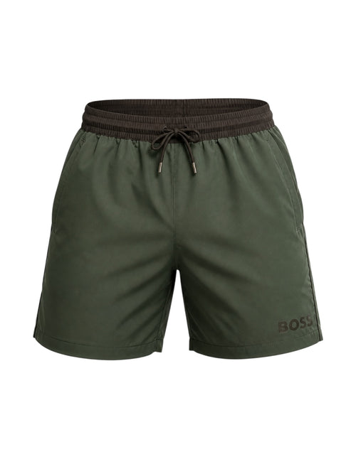 picknpack BOSS olive green swim shorts with an elasticated waistband, drawstring closure, and subtle leg branding.