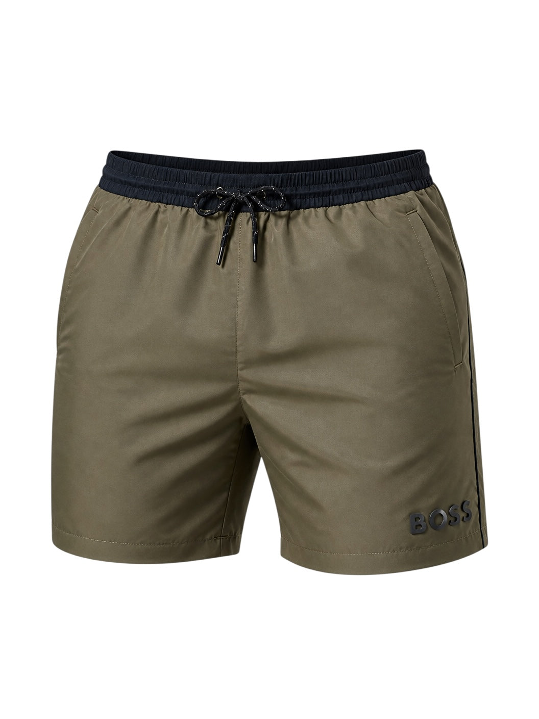 picknpack BOSS olive green swim shorts with a black elasticated waistband, drawstring, and logo detail on the leg.
