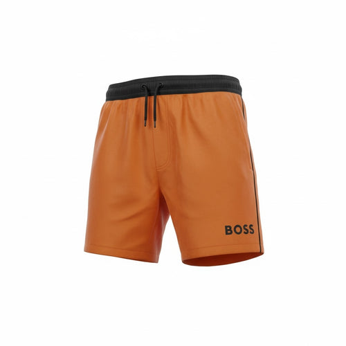 picknpack BOSS orange swim shorts with a black elastic waistband, drawstring, and logo detail on the leg.