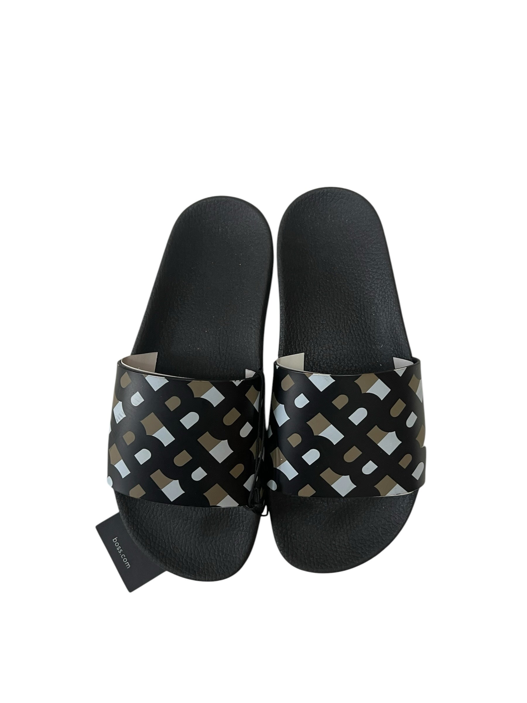 picknpack BOSS black rubber pool slides with a geometric patterned strap and contoured footbed