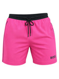 picknpack BOSS hot pink swim shorts with a black elastic drawstring waistband and side piping detail.