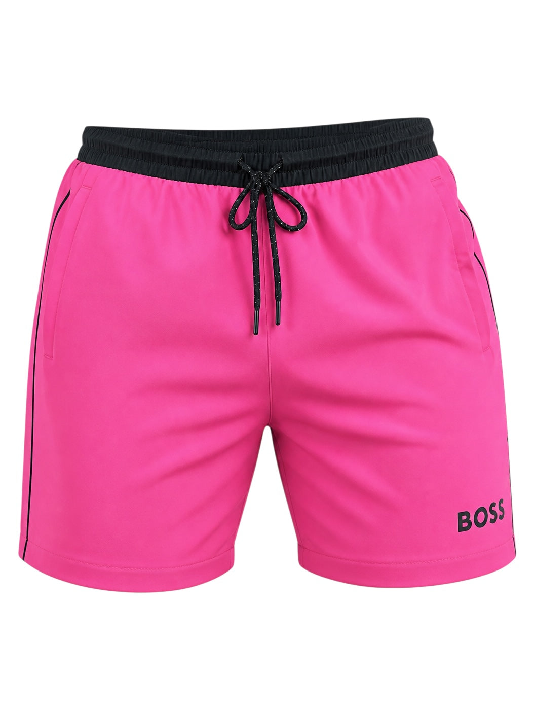 picknpack BOSS hot pink swim shorts with a black elastic drawstring waistband and side piping detail.