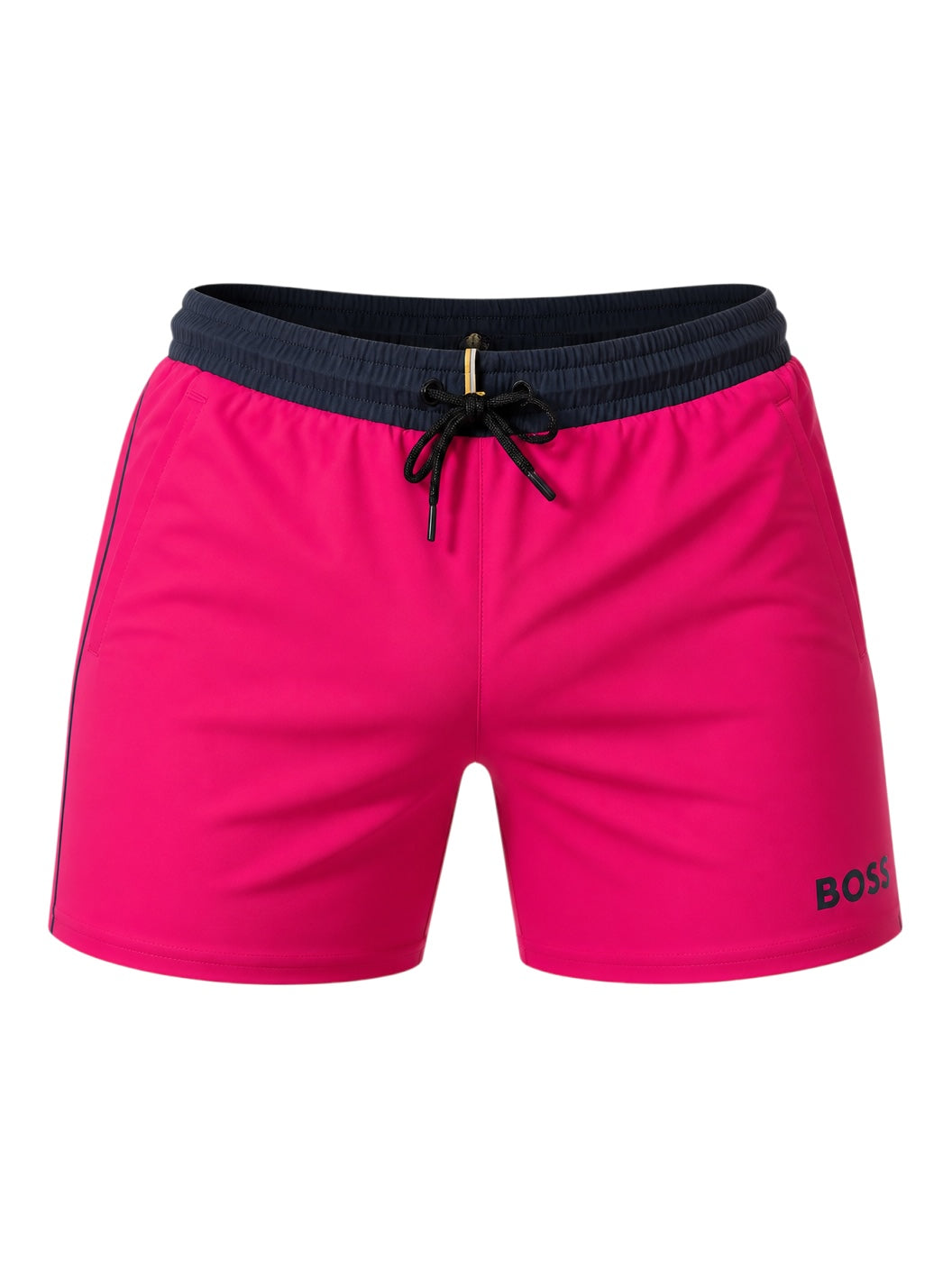 picknpack BOSS hot pink swim shorts with a navy blue elastic waistband, drawstring closure, and side logo detail.