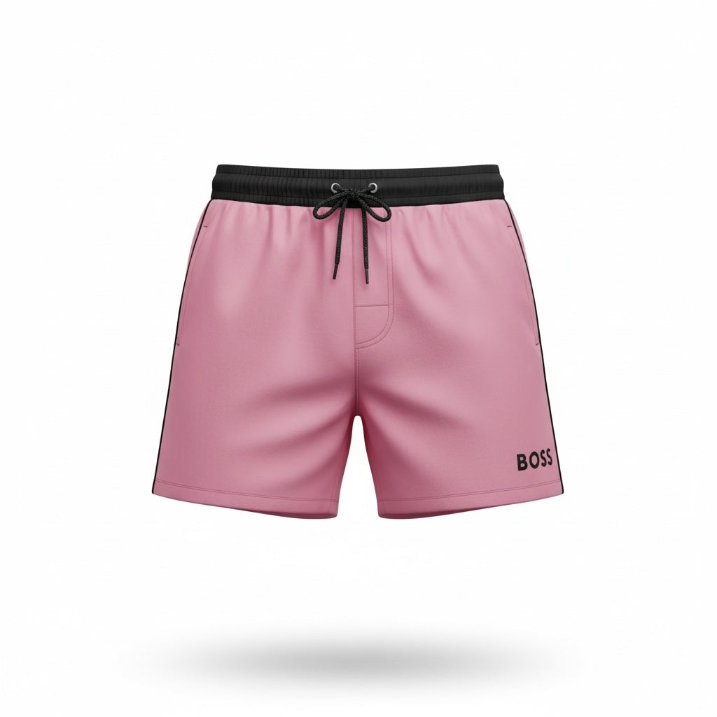 picknpack BOSS pink swim shorts with a black elastic drawstring waistband and side stripe detailing.