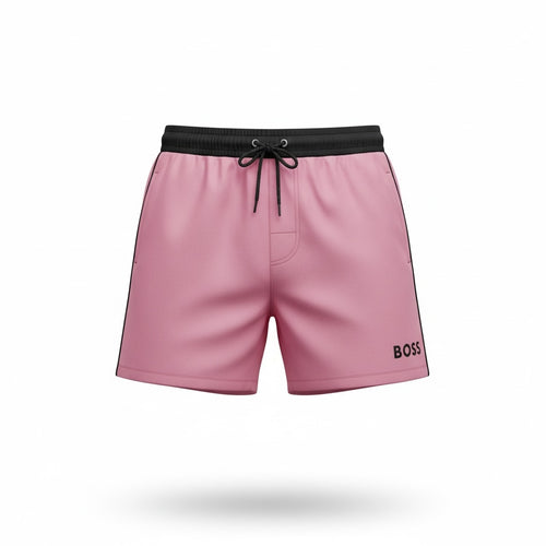 picknpack BOSS pink swim shorts with a black elastic drawstring waistband and side stripe detailing.