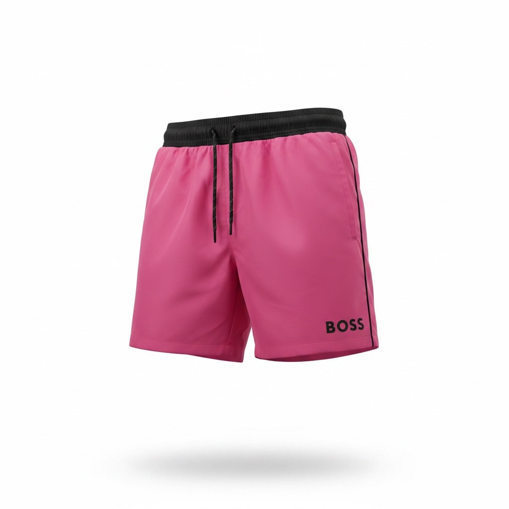 picknpack BOSS hot pink swim shorts with a black elastic drawstring waistband and logo detail on the leg.