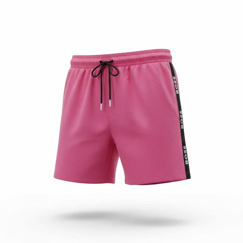 picknpack BOSS vibrant pink swim shorts with black side logo panels, elastic drawstring waist, and quick-dry fabric.