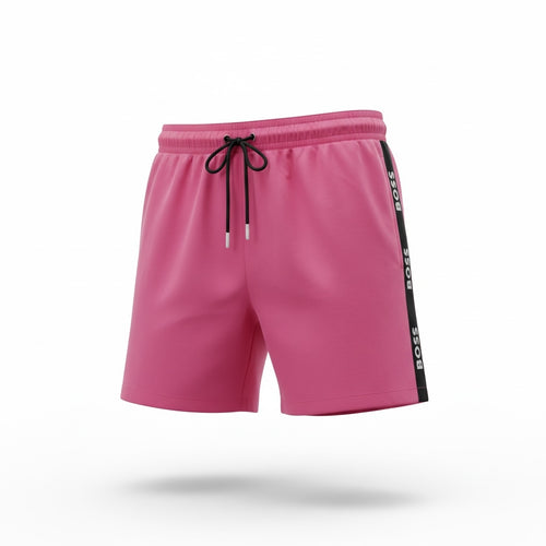 picknpack BOSS vibrant pink swim shorts with black side logo panels, elastic drawstring waist, and quick-dry fabric.