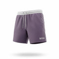 picknpack BOSS muted purple swim shorts with a white elastic waistband, drawstring, and logo detail on the leg.