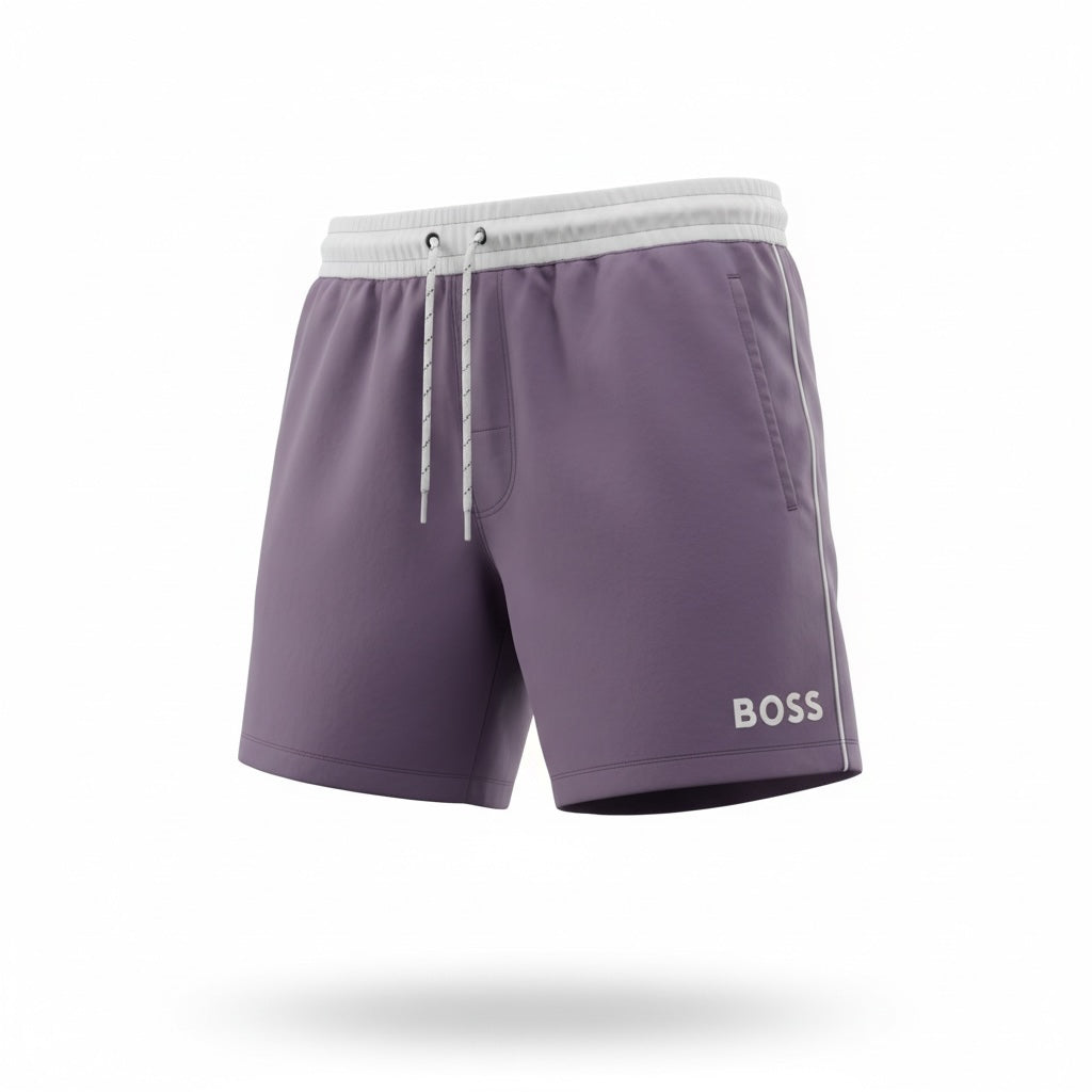 picknpack BOSS muted purple swim shorts with a white elastic waistband, drawstring, and logo detail on the leg.