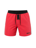 picknpack BOSS red swim shorts with a black elasticated drawstring waistband and logo detail on the leg.