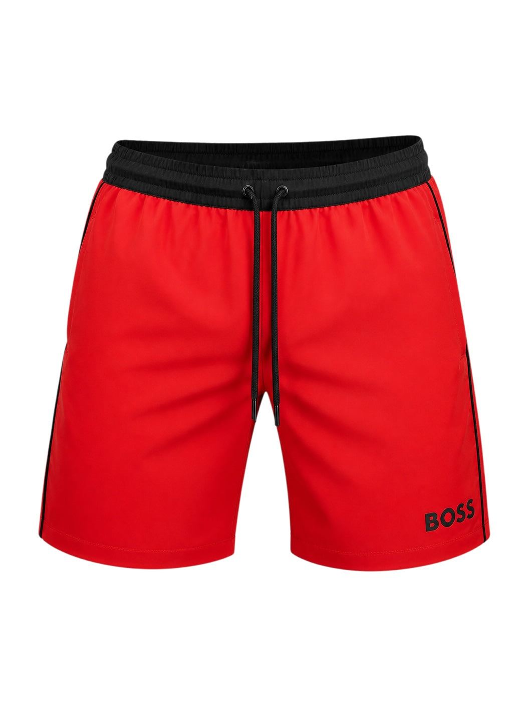 picknpack BOSS vibrant red swim shorts with a black elastic drawstring waistband, side piping, and logo on the leg.