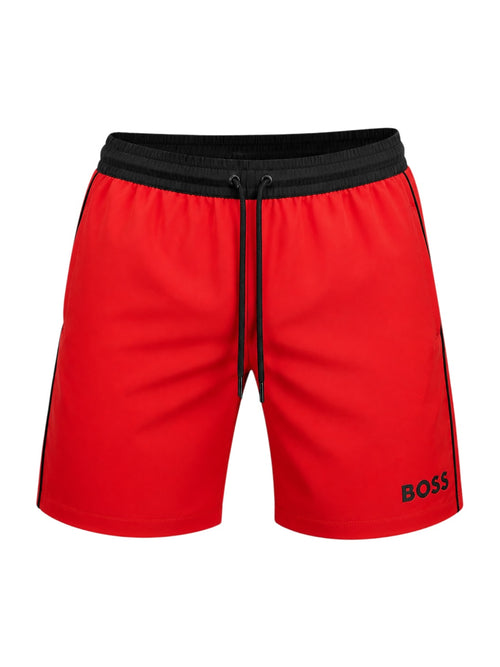 picknpack BOSS vibrant red swim shorts with a black elastic drawstring waistband, side piping, and logo on the leg.