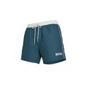 picknpack BOSS deep teal swim shorts with white contrast elastic waistband, drawstring, and logo on the leg