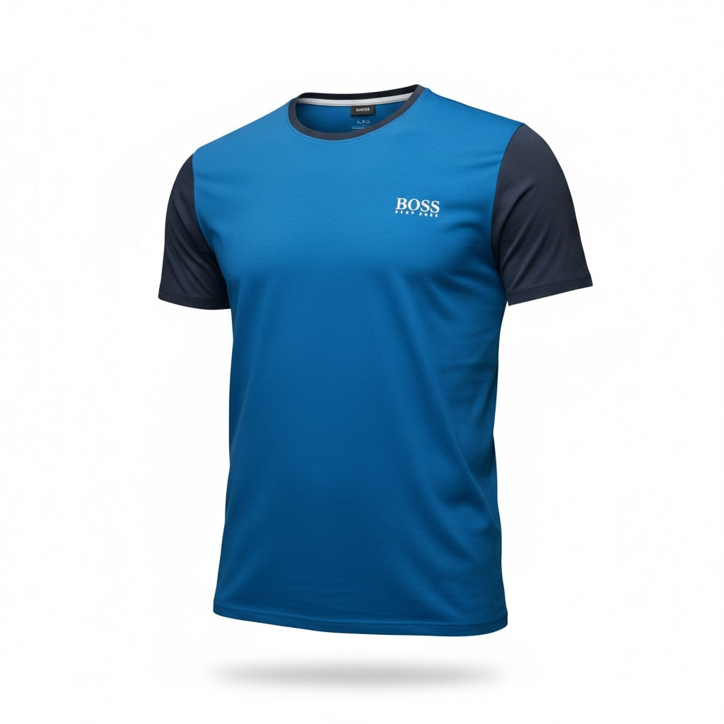 picknpack BOSS two-tone blue and navy crew neck short sleeve technical t-shirt with chest logo