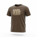 picknpack brown KARL LAGERFELD crew neck t-shirt featuring a bold barcode graphic print on the chest