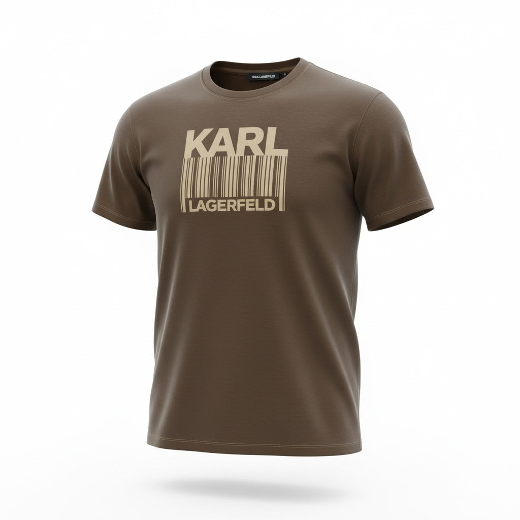 picknpack brown KARL LAGERFELD crew neck t-shirt featuring a bold barcode graphic print on the chest