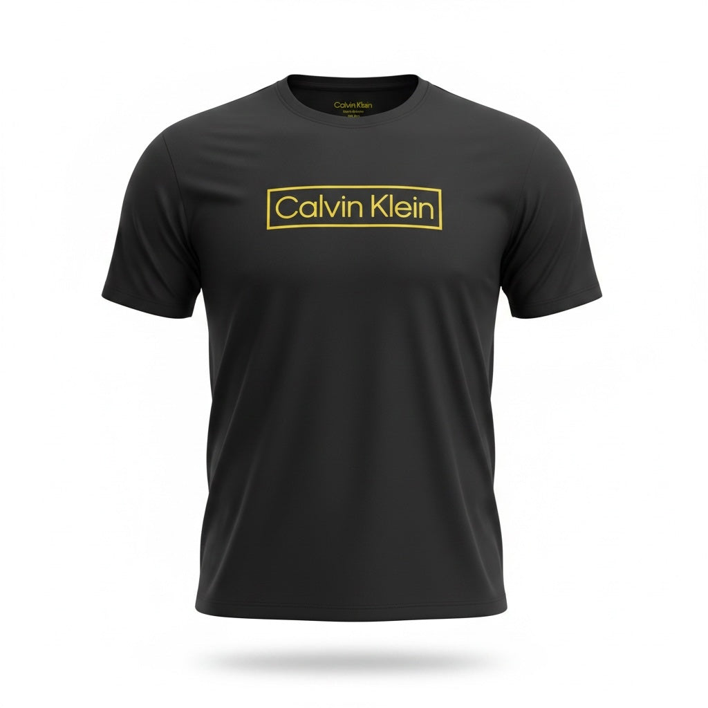 picknpack Calvin Klein black crew neck t-shirt with a bold gold-toned rectangular logo graphic on the chest.