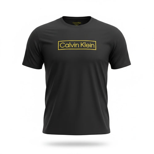 picknpack Calvin Klein black crew neck t-shirt with a bold gold-toned rectangular logo graphic on the chest.