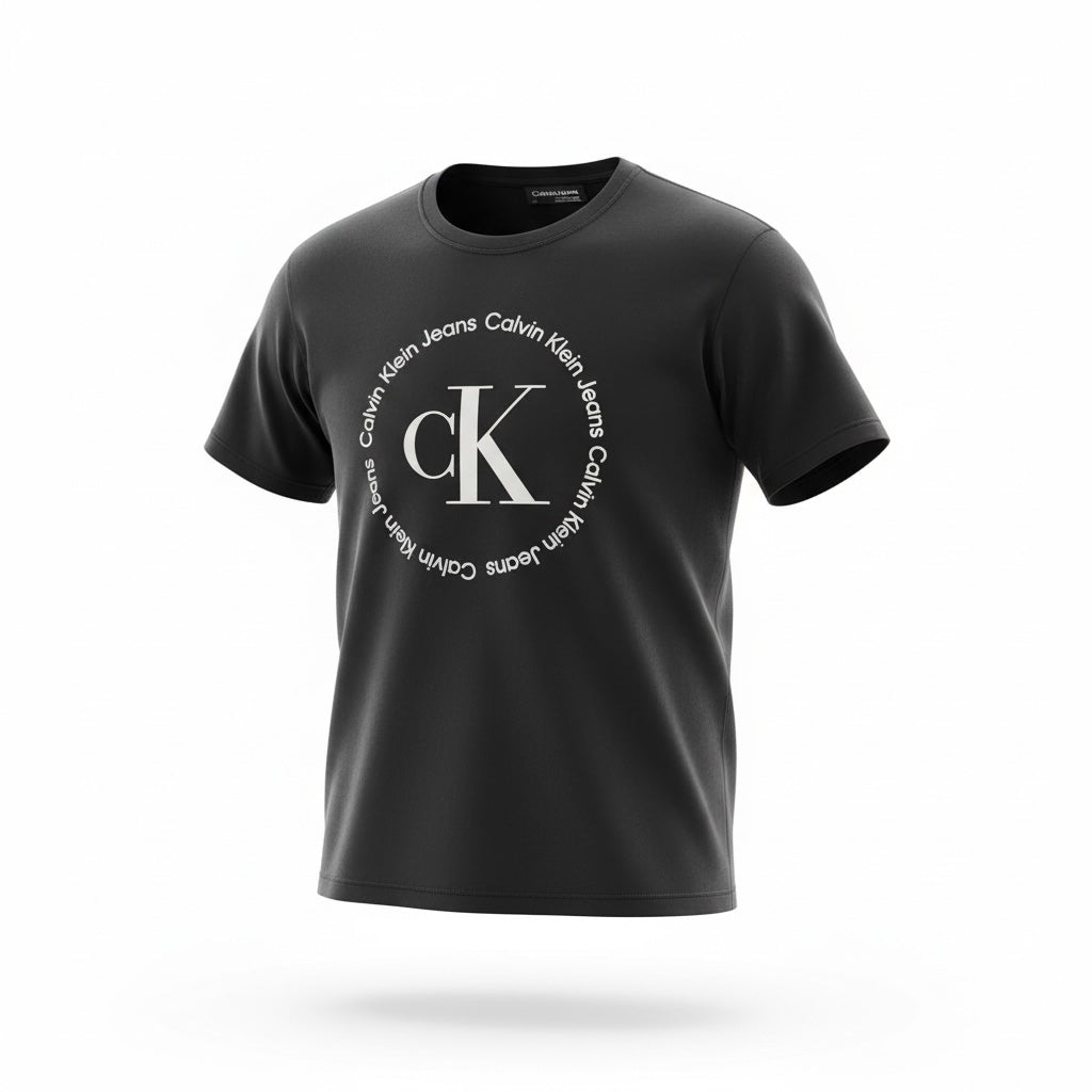 picknpack Calvin Klein Jeans black crew neck cotton t-shirt with white circular logo graphic on the chest