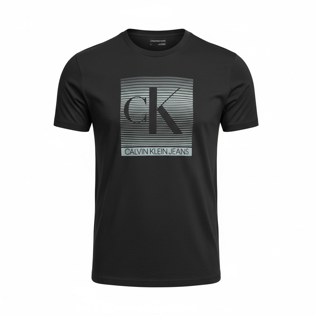 picknpack Calvin Klein Jeans black crew neck t-shirt with a contemporary gradient-line graphic and logo on the front.