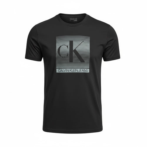 picknpack Calvin Klein Jeans black crew neck t-shirt with a contemporary gradient-line graphic and logo on the front.