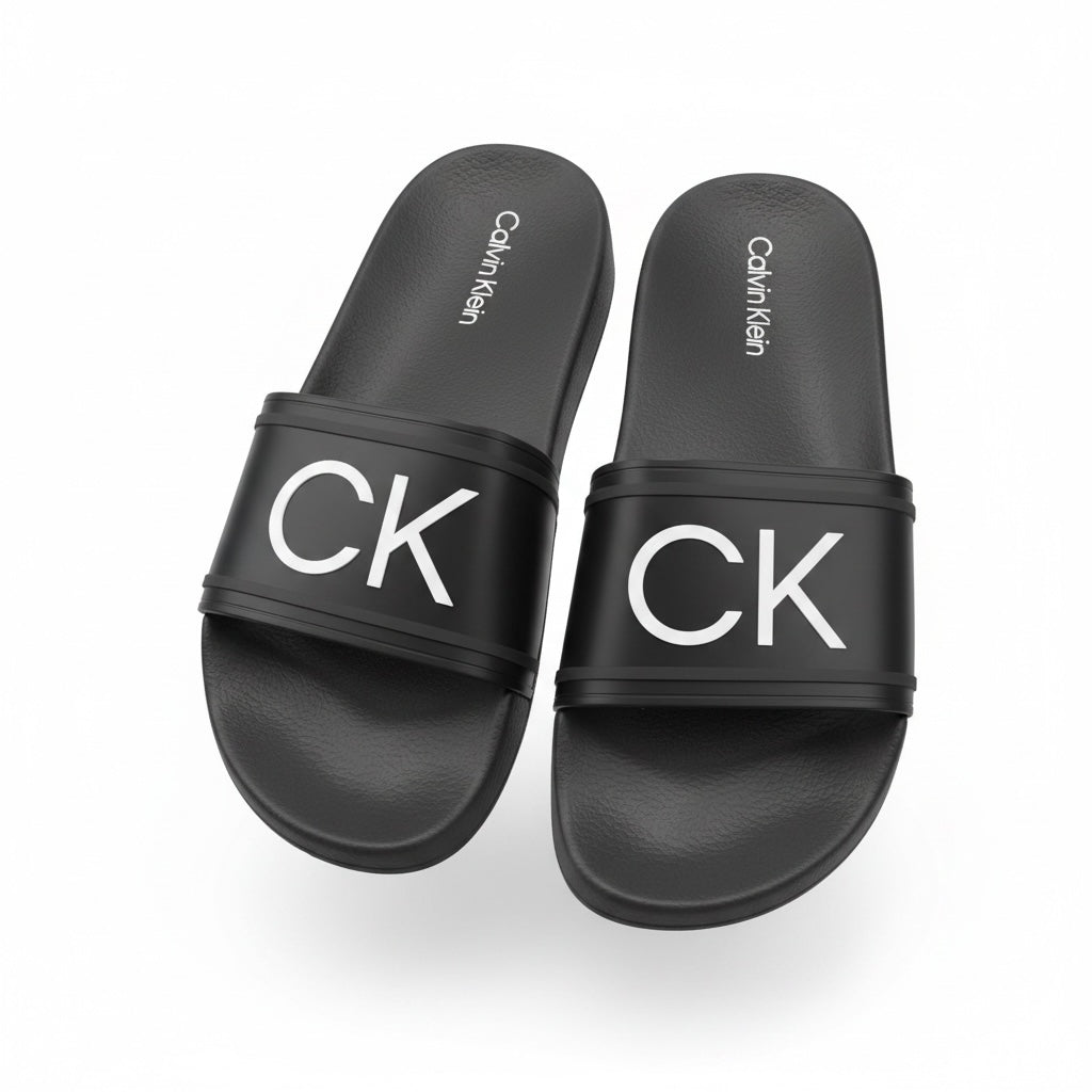 picknpack Calvin Klein black pool slide sandals with bold white CK logo on the strap and contoured footbed