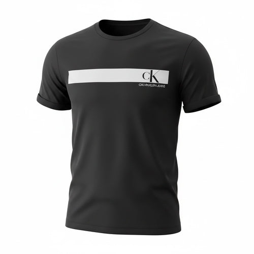 picknpack Calvin Klein Jeans black cotton crew neck t-shirt with a white horizontal chest stripe and logo branding