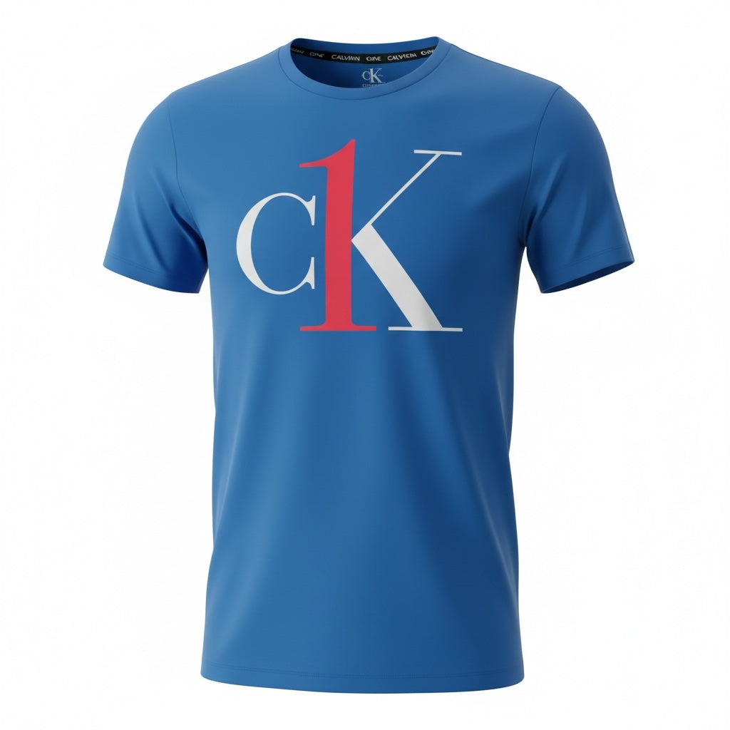 picknpack Calvin Klein blue crew neck t-shirt with a bold white and red cK graphic logo on the chest.