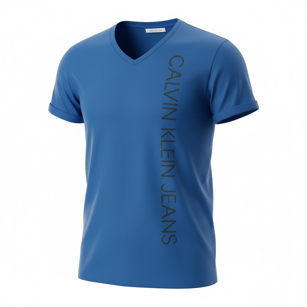 picknpack Calvin Klein Jeans blue cotton V-neck t-shirt with vertical logo branding on the side