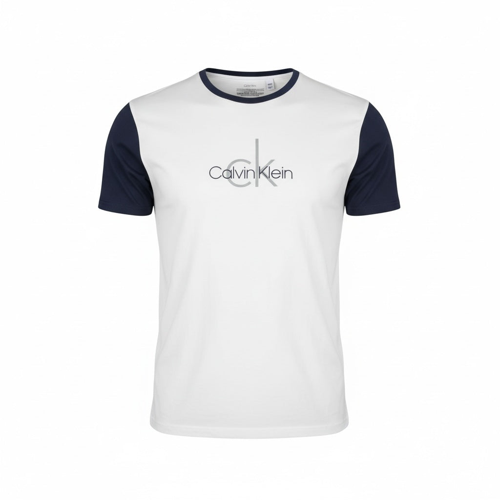 picknpack Calvin Klein white cotton crew neck t-shirt with navy blue sleeves and chest logo