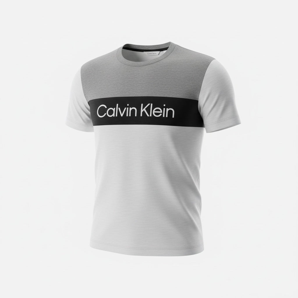 picknpack Calvin Klein tri-tone color-blocked crew neck t-shirt with chest logo in grey, white, and black