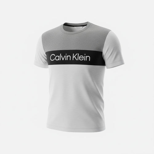 picknpack Calvin Klein tri-tone color-blocked crew neck t-shirt with chest logo in grey, white, and black