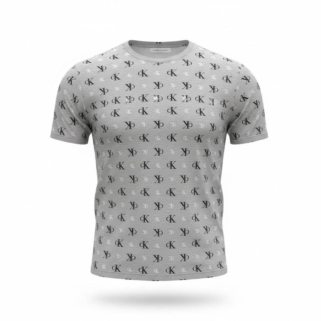 picknpack Calvin Klein grey crew neck t-shirt with all-over black CK monogram print in soft cotton blend fabric